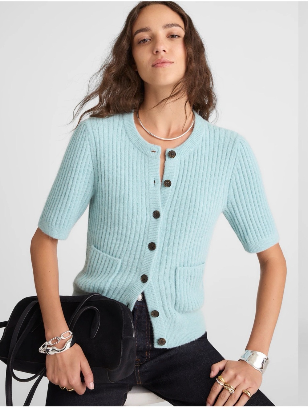 Madewell Patch-Pocket Puff-Sleeve Cardigan in Mint Blue 🩵